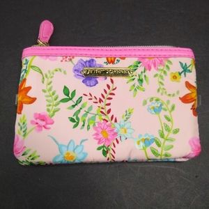 Betsy Johnson Small Pink Floral Zip Top Coated Fabric Coin Cosmetics ID Pouch